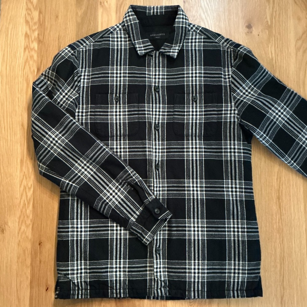 AllSaints Men's Plaid sz S Quilted Lined "Fayette Shirt"‎ Shacket  Black/White